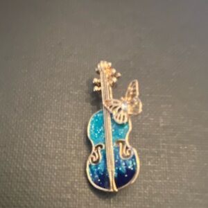 Blue and Gold Violin Brooch with Butterfly